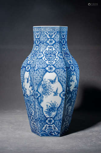 Blue and White Flower and Bird Hexagonal-Shaped Vase