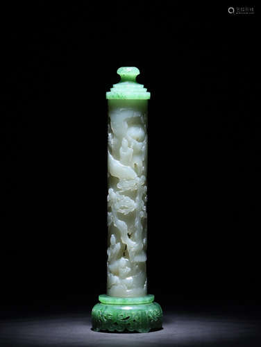 Carved White Jade Incense Tube with Spinach-Green Jade Stand...