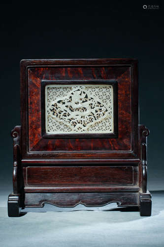 Carved Jade Dragon Table Screen with Rosewood Frame