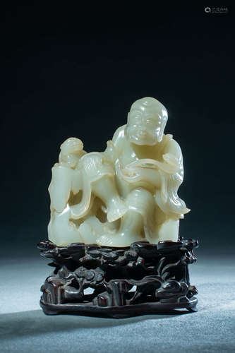 Carved Hetian Jade Figure of Arhat and Lion