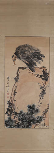 Chinese Falcon Painting on Paper, Pan Tianshou Mark