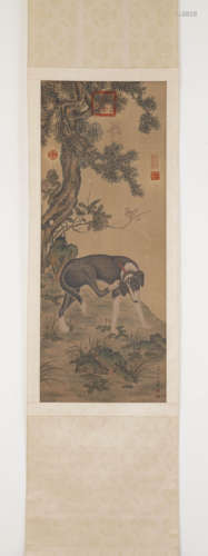 Chinese Hound Painting on Paper, Lang Shining Mark