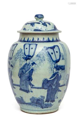 A large covered blue and white baluster vase