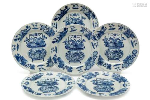 Six large blue and white flower basket plates