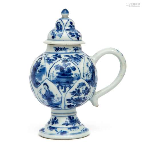 A blue and white mustard pot with Long Eliza figures