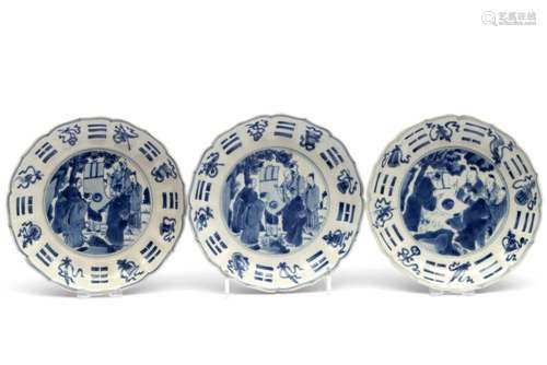 Three blue and white Daoist plates