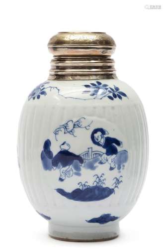 A Kangxi blue and white canister with Dutch silver mounted l...