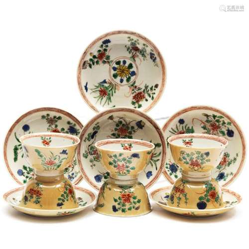 Six Chinese café-au-lait famille verte cups and saucers