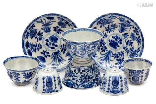 Various blue and white porcelain cups and saucers