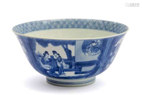 A blue and white bowl with figures