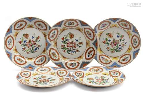 Five Pronk style famille rose floral plates