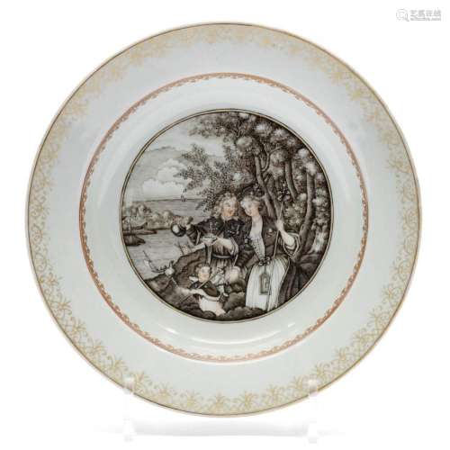 A  grisaille  encre-de-chine plate with romantic European sc...
