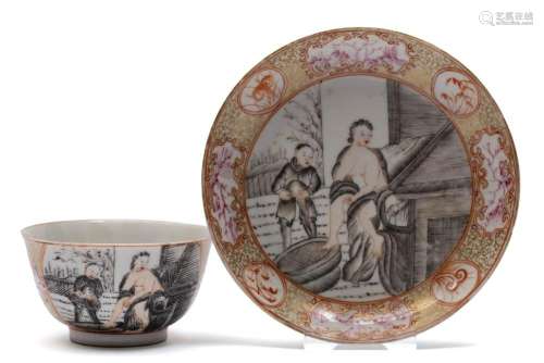 An encre-de-chine cup and saucer, bathing lady with servant