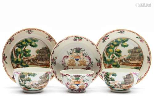 Three European style famille rose cups and saucers