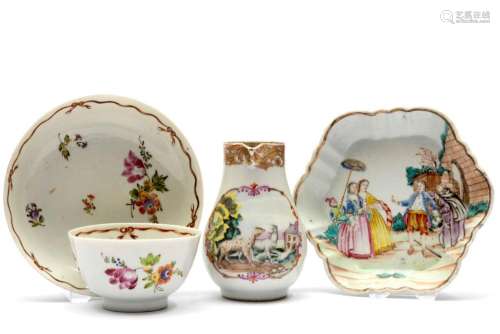 A European subject famille rose pattipan, a creamer and a cu...
