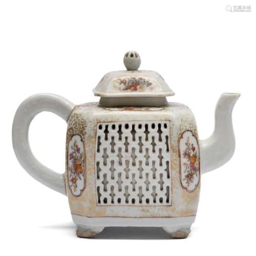 A famille rose and gilded reticulated teapot