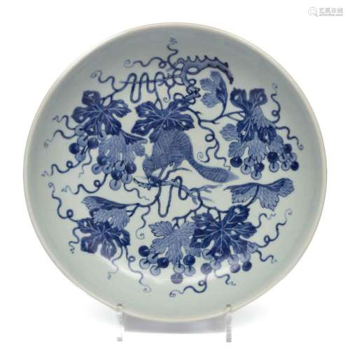 A blue and white squirrel and grape dish