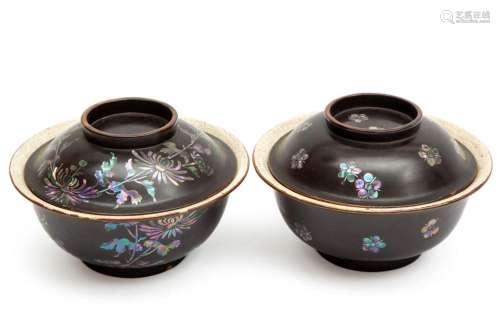 Two Chinese black lacquer finish pottery covered bowls with ...