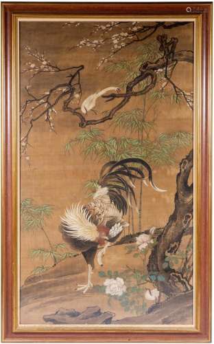A large Chinese silk painting of a cockerel