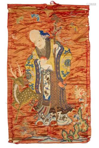 A very large silk emboidered wall-hanging of Shouxing