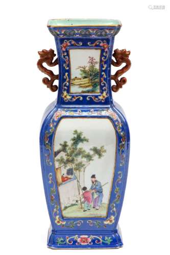 A tall blue ground famille rose vase