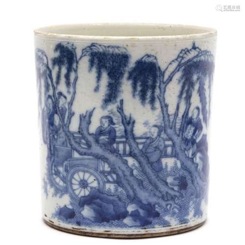 A blue and white brush pot with figures