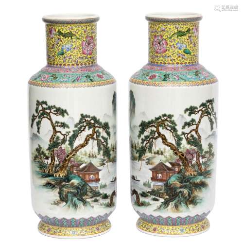 A pair of famille rose landscape rouleau vases
