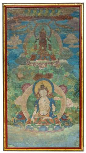 A large thangka depicting Amitāyus and a Tara