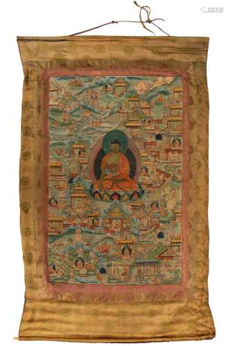 A large thangka depicting Buddha and Avadānas