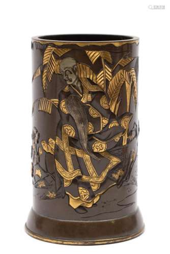 A bronze and mixed metal inlaid brush pot