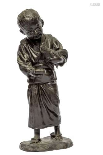 A Japanese Tokyo School bronze of a boy feeding a chicken