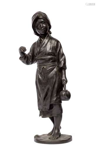 A Japanese Tokyo School bronze of a girl carrying a water ke...