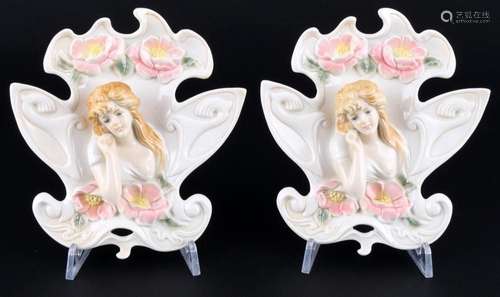 Ens pair of wall plaques with partial nude act in art nouvea...