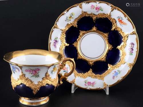 Meissen B-Form Royal Blue Strewn Flowers coffee cup with sau...