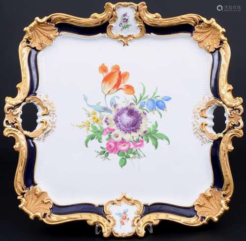 Meissen flower bouquet royal blue large sumptuous tray 1st c...