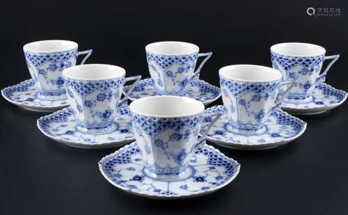 Royal Copenhagen Musselmalet Full Lace 6 coffee cups with sa...