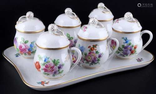 Potschappel Dresden Flowers 6 lidded cups with tray, Deckelt...