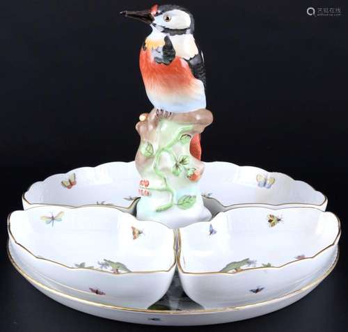 Herend RO Rothschild large cabaret bowl with bird figure, gr...