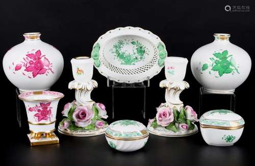 Herend 8-piece decorative porcelain, Zierporzellan Konvolut,