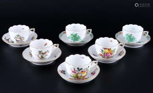 Herend 6 mocha coffee cups with saucers, various decors, Mok...