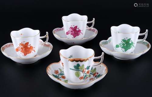 Herend 4 mocha coffee cups with saucers 4198, various decors...