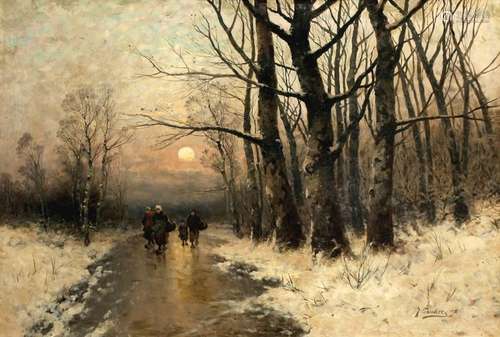 Johann Jungblut (1860-1912) evening homecoming in winter lan...