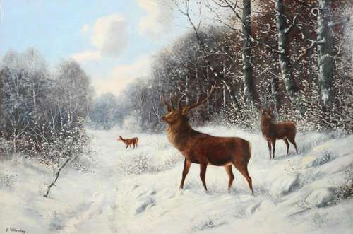 F. Wilbenberg - monumental work - deer on the wintry clearin...