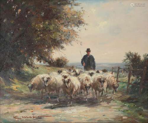 Karl Moor (1904-1991) shepherd with flock of sheep, Schäfer ...