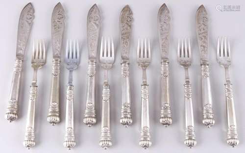 Silver fish cutlery for 6 persons, art nouveau, Silber Fisch...