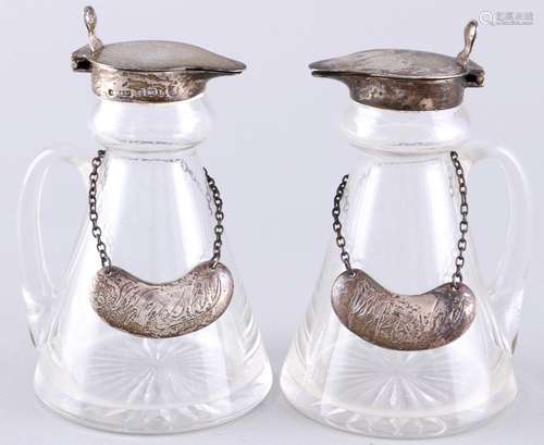 England 2 glass jugs with 925 sterling silver mounting and b...