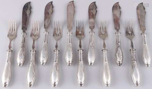 800 silver fish cutlery for 6 persons, art nouveau, Silber F...