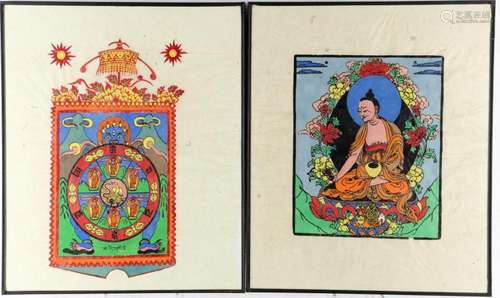 Buddhism / Hinduism 2 thangkas with wheel of life and buddha...