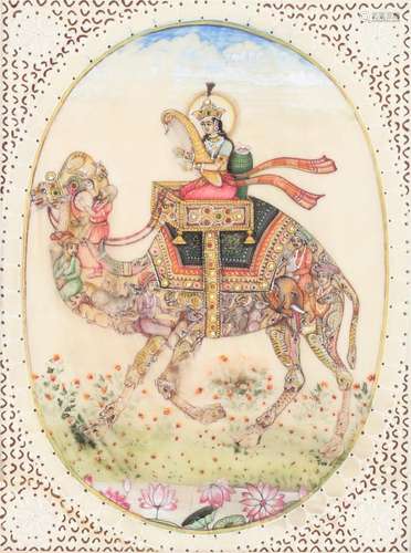 India miniature painting woman on camel, Indien Miniaturmale...