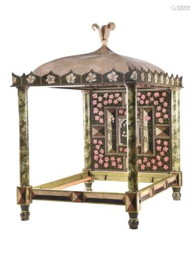 A POLYCHROME PAINTED FOUR POSTER BED DECORATED BY GRAHAM CAR...